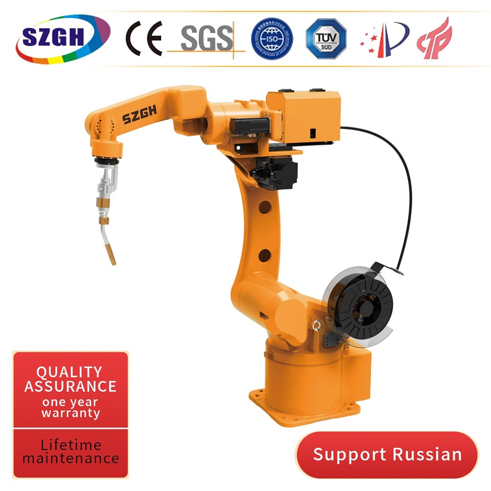 SZGH-H1500-B-6 robot is dedicated to welding robot;easy operation,high efficiency and safety; 

SZGHTECH company has 25 models robot arm in mass production:including generalpurpose,welding,spraying, palletizing,grinding and handling types.All models are equipped with an intelligent robot control system which independently developed by us. 
We also add other components to the sixaxis robots,and customize nonstandard robotic solution as customer needs Currently, 9-axis linkage robots are also mass-produced and sold.